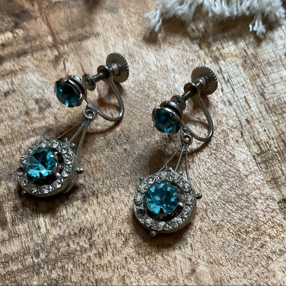 Vintage Rhinestone Earrings Screw-back turquoise blue Silver Costume Jewelry - Picture 1 of 6